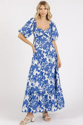 Mittoshop Cutout Back Floral Sweetheart Neck Puff Sleeve Dress Royal OutfitFlow